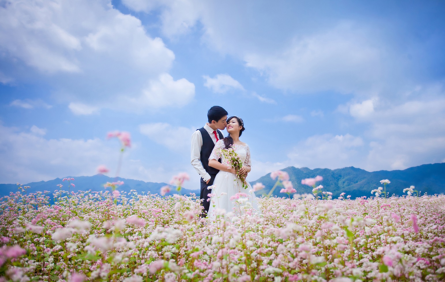 Nhiều bạn trẻ lựa chọn mùa hoa tam giác mạch để chụp ảnh cưới