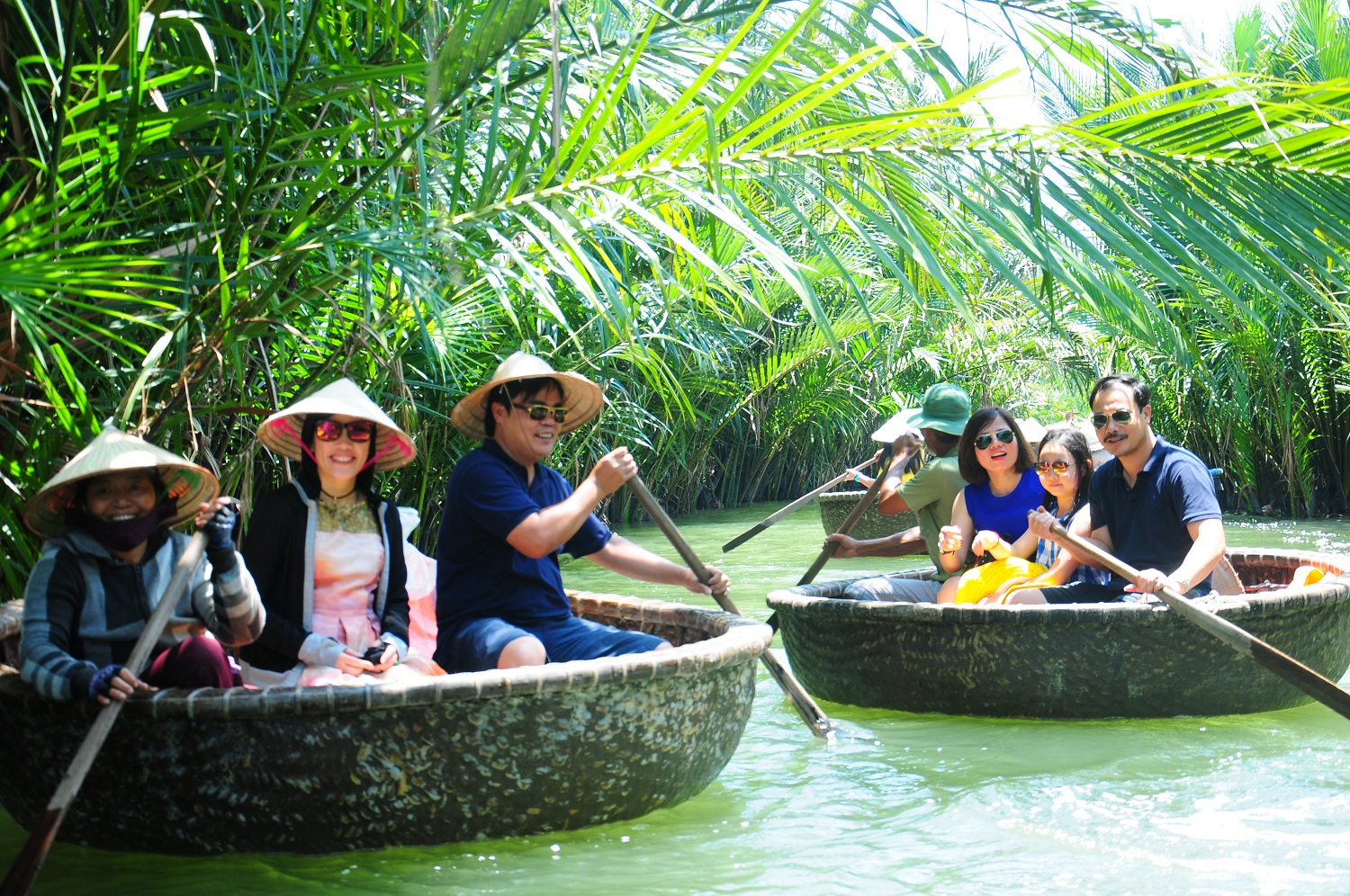 Ngồi trên thúng, bạn có thể ngắm những khóm dừa đung đưa trước gió